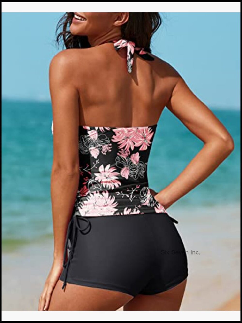 Two Piece Tankini Halter Padded Adjustable Drawstring Swimsuit with Boyshorts - Picture 4 of 7